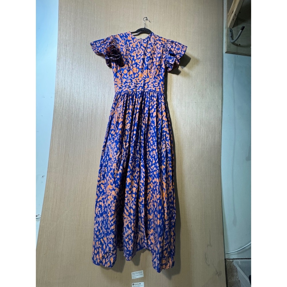 Sika $298 Ruffle Midi Dress‎ Blue Orange Print Flutter Sleeve Midi Casual Party